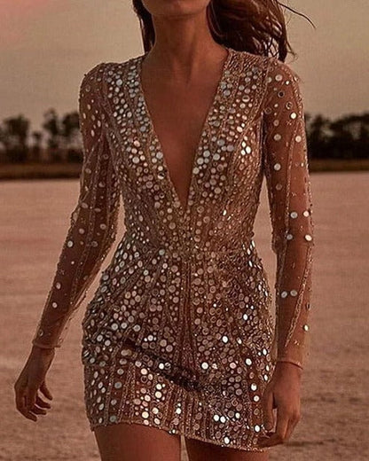 Sequin Dress with V-Neck and Sheer Sleeves