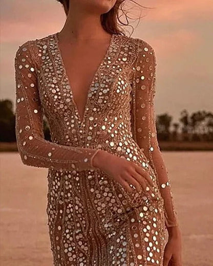 Sequin Dress with V-Neck and Sheer Sleeves