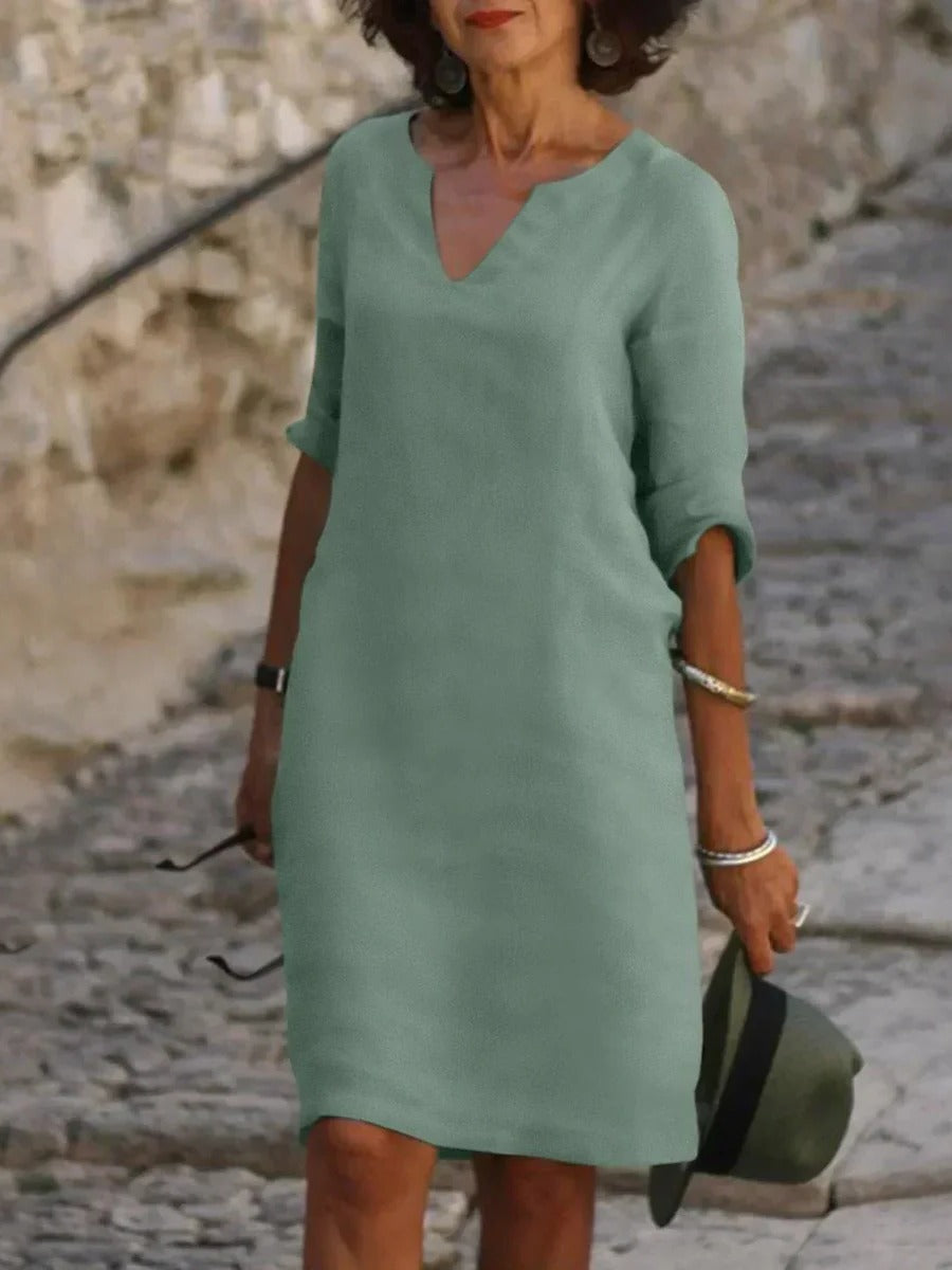 Elegant V-Neck Midi Dress Three Quarter Sleeves