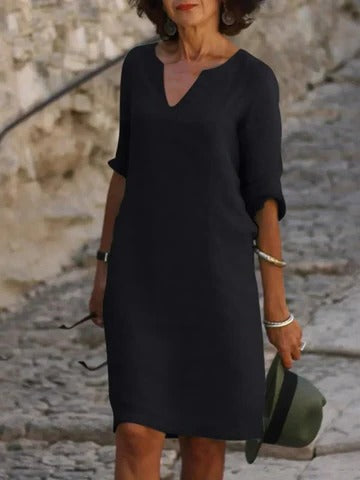 Elegant V-Neck Midi Dress Three Quarter Sleeves
