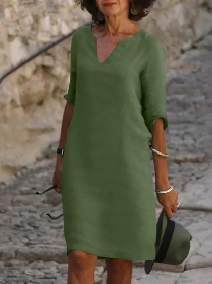 Elegant V-Neck Midi Dress Three Quarter Sleeves