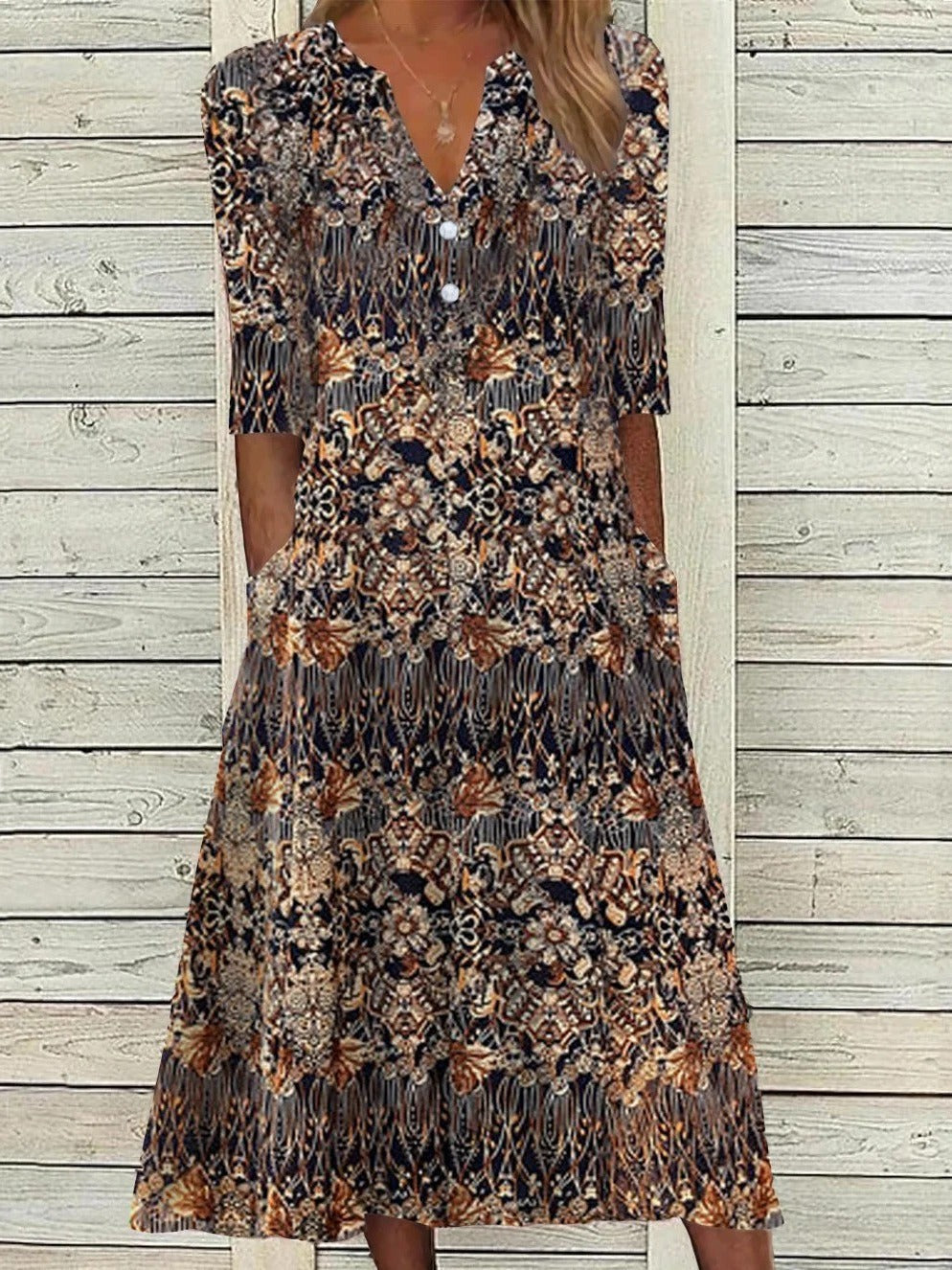 Ethnic V Neck Half Sleeve Midi Dress