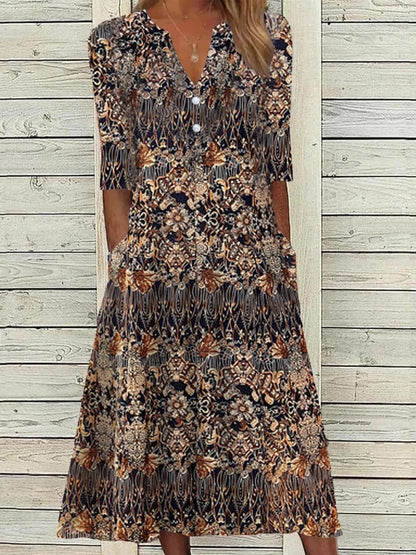 Ethnic V Neck Half Sleeve Midi Dress