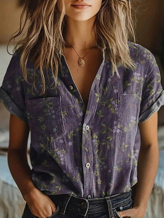 Women's Floral Vintage Lapel Short Sleeve Blouse