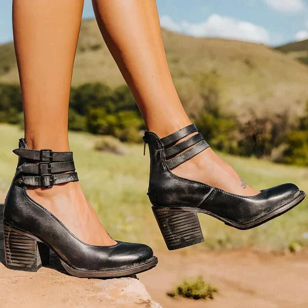 Women's Block Heel Ankle Shoes with Back Zipper