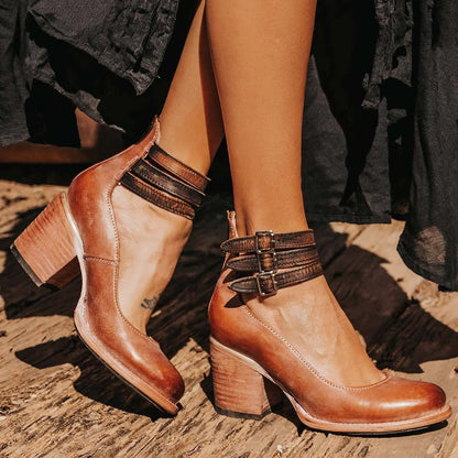 Women's Block Heel Ankle Shoes with Back Zipper