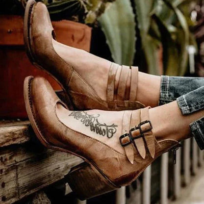 Women's Block Heel Ankle Shoes with Back Zipper