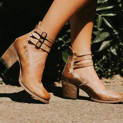 Women's Block Heel Ankle Shoes with Back Zipper