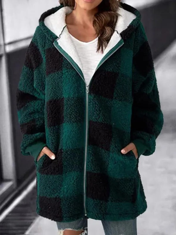 Women Oversized Hoodie Plaid Loose Overcoat