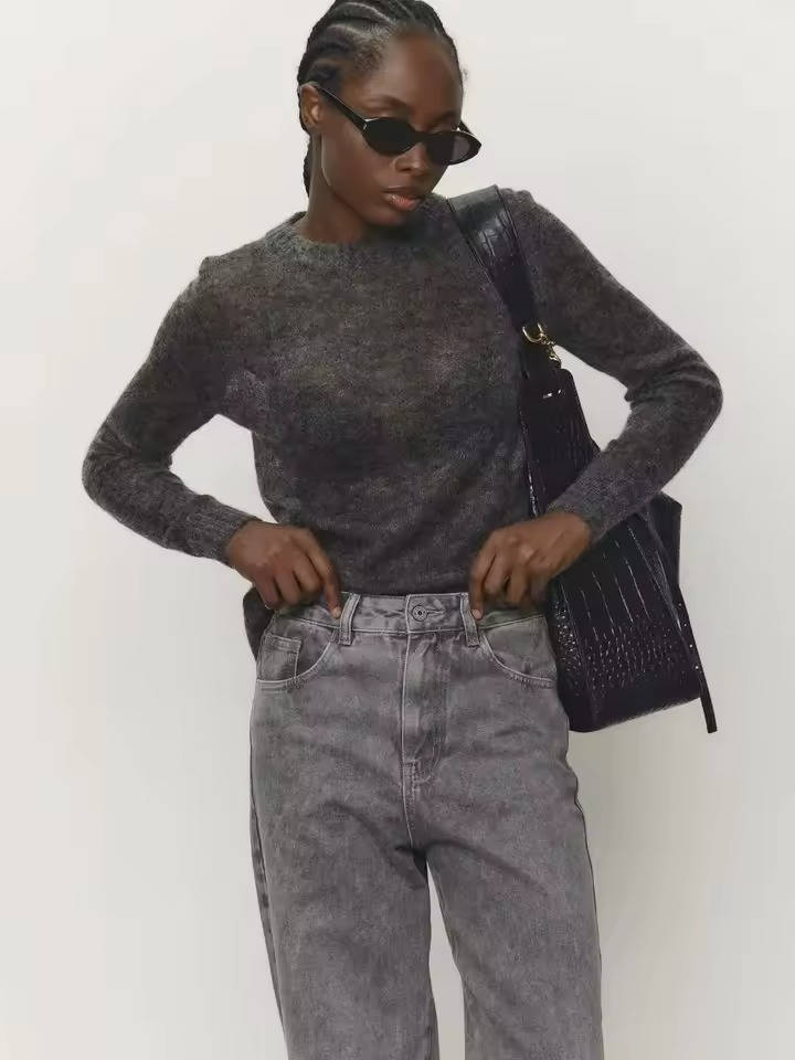 Women’s Mohair Knit Sweater – Long Sleeve O-Neck Pullover