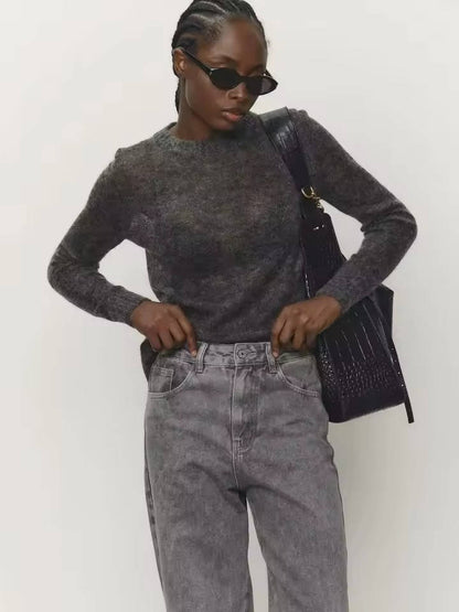 Women’s Mohair Knit Sweater – Long Sleeve O-Neck Pullover