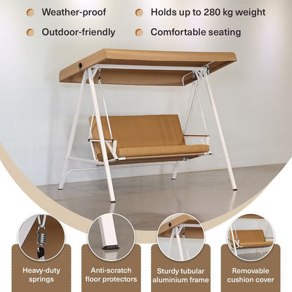 Averra 3-Seater Brown Outdoor Swing Chair, Steel Frame with Cushions and Canopy