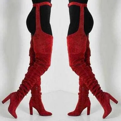 Women Faux Suede Thigh High Waist Belt Chunky High Heel Slouch Boots | Over The Knee Waist Belted Boots