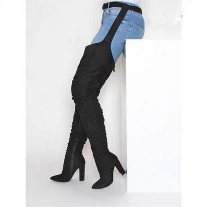 Women Faux Suede Thigh High Waist Belt Chunky High Heel Slouch Boots | Over The Knee Waist Belted Boots